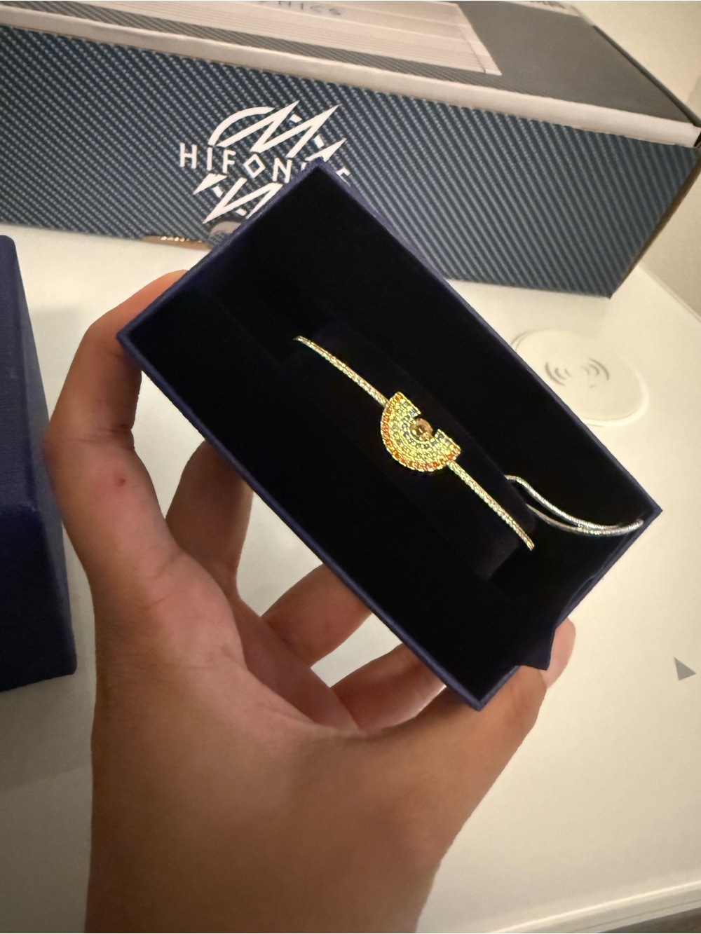 Swarovski Gold-Tone Crescent Crystal Bangle Bracelet